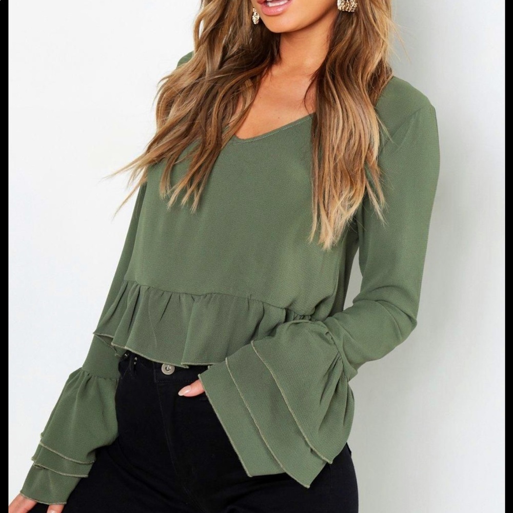 Boohoo Green Ruffle Top
